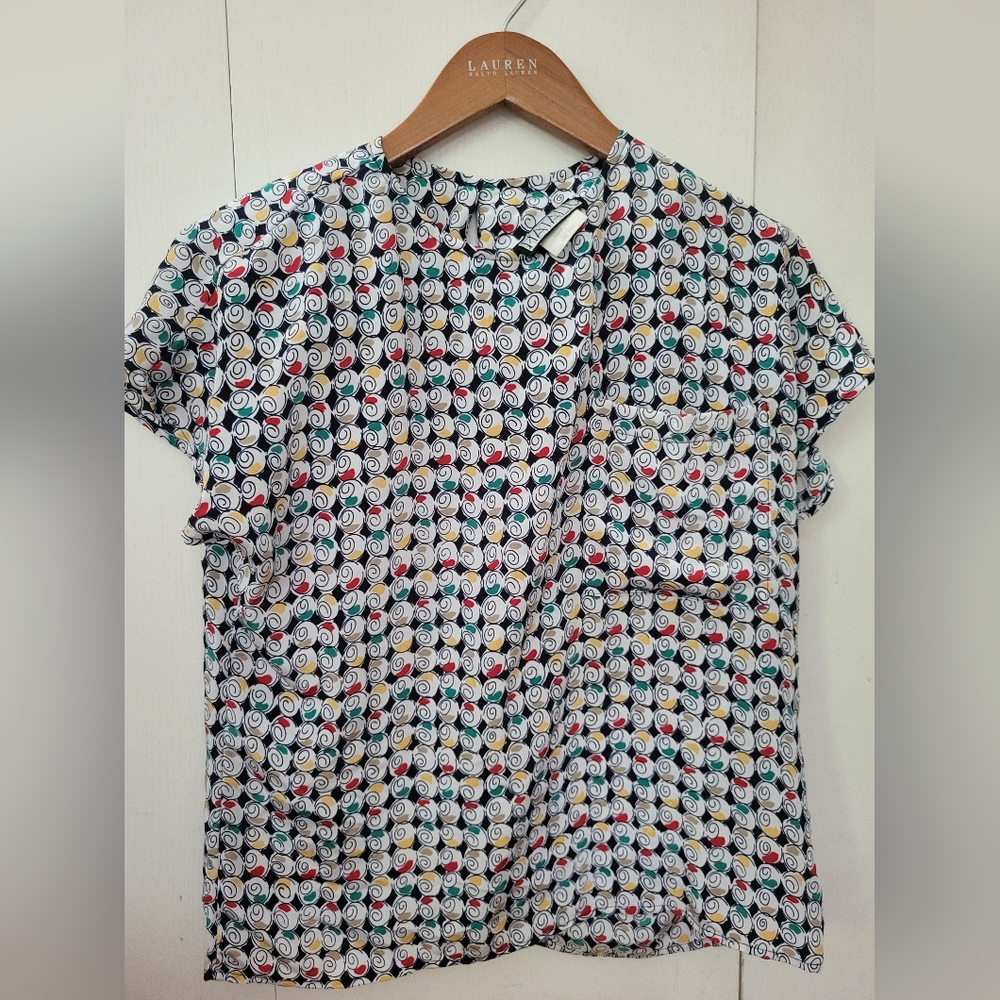 NWT Natalie Red and Blue Boxy Blouse with Geometric Print Sz 12
